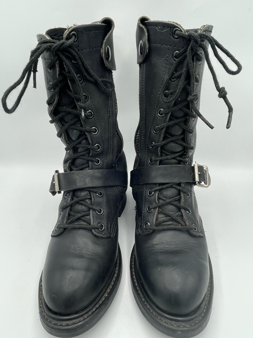 Double H Vintage Black Leather Lace-Up Combat Moto Boots with Buckle Strap. - Picture 3 of 16